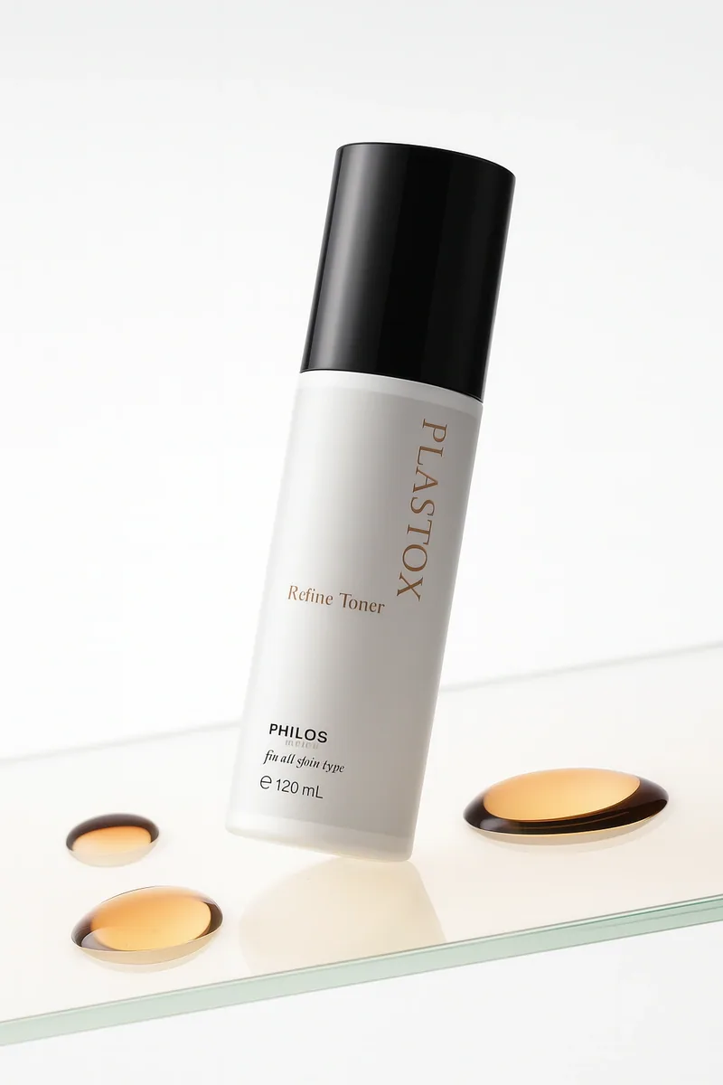 PLASTOX 리파인 토너 120ml, 유리 위 방울과 함께 놓인 토너