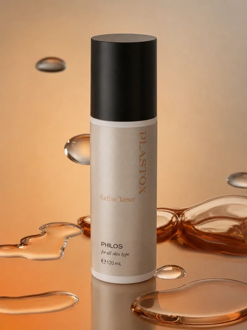 PLASTOX 리파인 토너 120ml, 주황 배경 위 토너